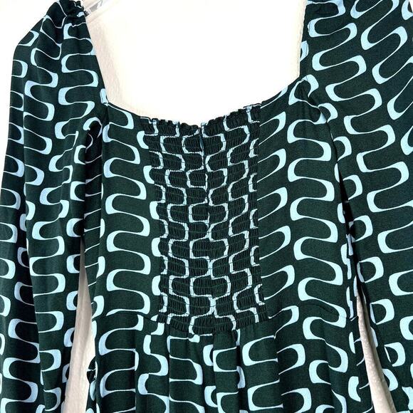 Reformation Hilda Midi Dress Venture Print Green Blue Retro Square Neck US 4 - Picture 7 of 9